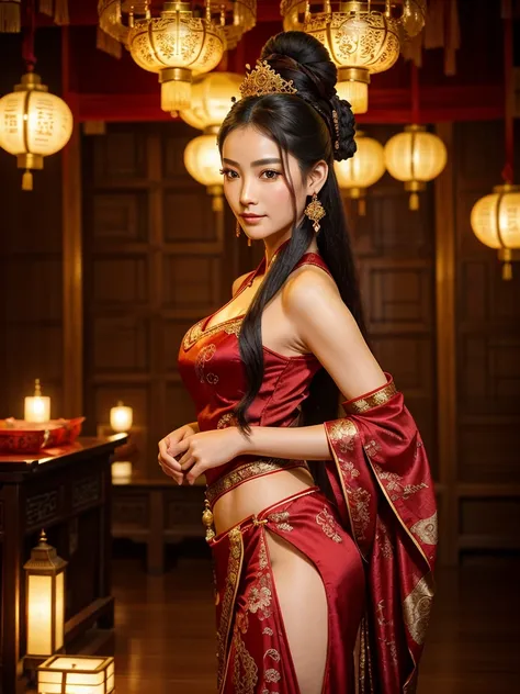 "An elegant and alluring Chinese concubine from the ancient era, dressed in a flowing silk hanfu with intricate patterns of red and gold. Her long, dark hair is styled in an ornate updo adorned with delicate hairpins and jade accessories. She stands in a t...