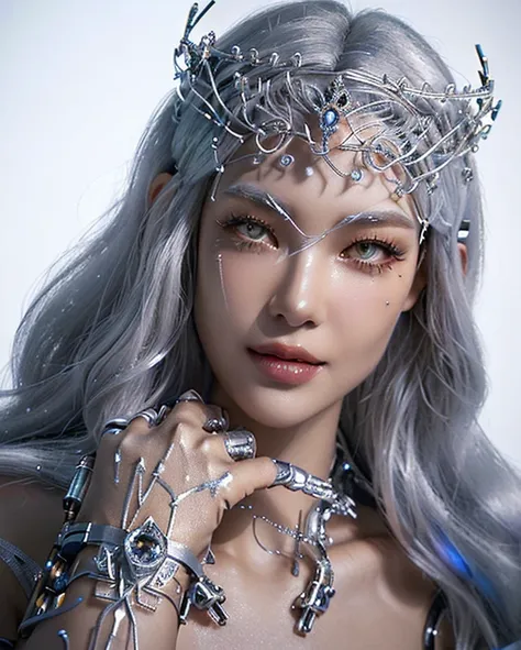 a close up of a woman with a silver hair and a crown, cyborg - girl with silver hair, portrait of a cyborg queen, hyperdetailed ...