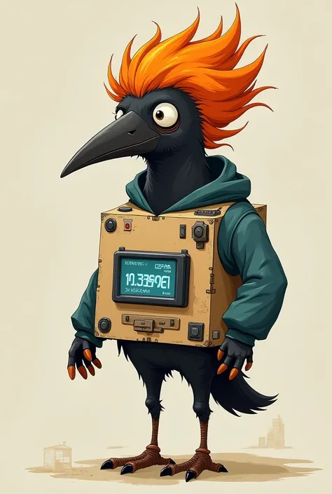 Generate me a character from an anime about volleyball. My character has orange hair and a screen on his stomach with numbers. This crow will stick to appliances that use water. This body will have magnets on the back and a space for batteries. , The scree...