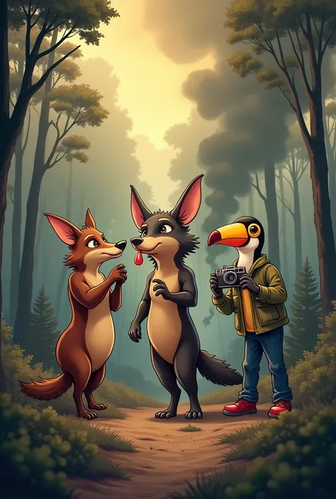 anteater, maned wolf and toucan coughing in a smoke-filled forest fire and taking a cartoonish photo