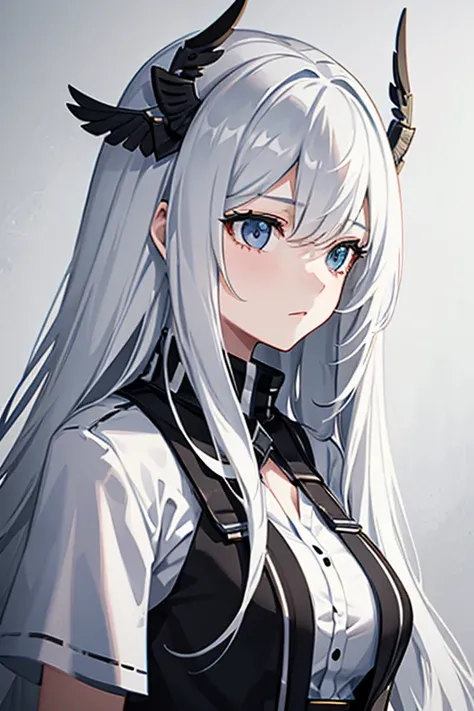 generate a photo of a girl with long hair with a black and white valkyrie on her head photo of with white hair with a black and white valkyrie on her head with a white shirt of 13- with big breasts