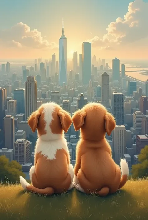 Painting of two puppies looking at the vastness of the city 