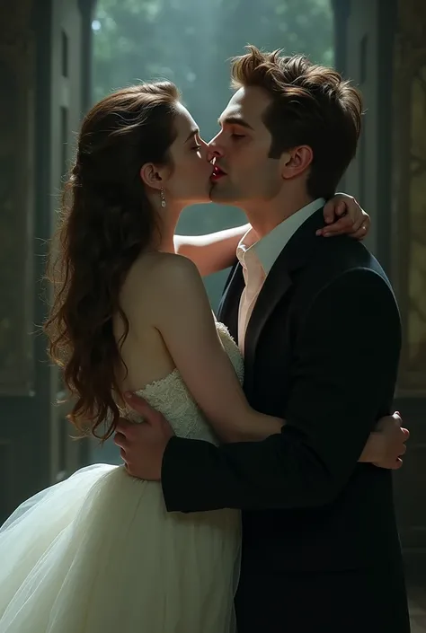 
Edward Cullen with bloody lips and big two vampire teeth forcefully kissing a girl in white gown helping her self in fear to avoid him
In room