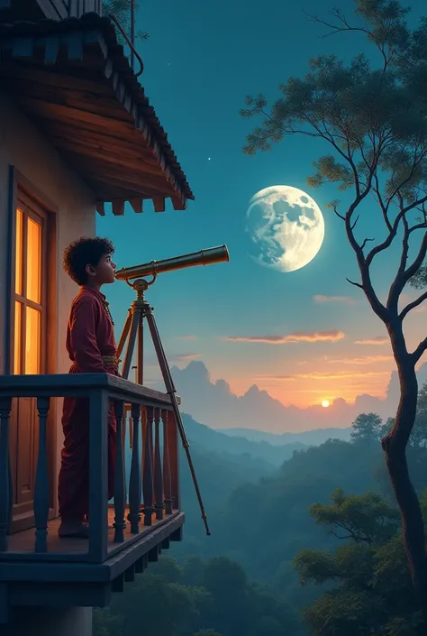 Generate a image of an indan boy looking at moon with scope from his balcony in a village, a tree near his balcony 