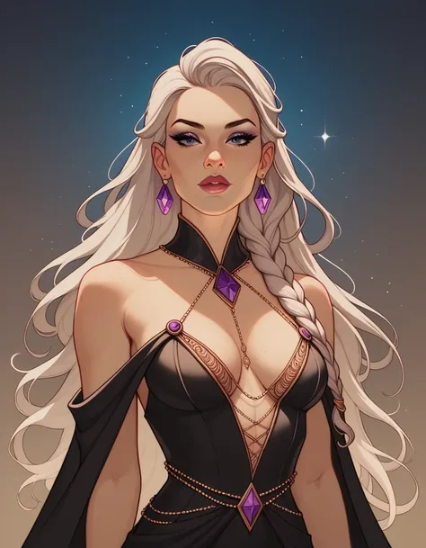 young woman, long silver blonde hair, elegant braids. eyes are a striking ethereal violet, exuding an aura of mystery and magic. pale, porcelain-like skin. elegant, dark violet and black outfit with intricate details, blending noble grace with practicality...