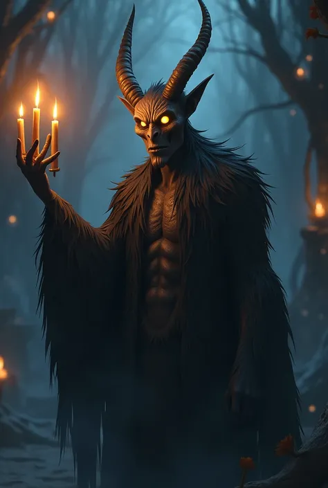 3d rendering style; 3d anime style; 3D Game style; Dark fantasy art A slender and thin demon, His eyes glow yellow and his body is covered in fur. He always has his right hand up., and on the tip of his 5 fingers on his right hand there is a lit candle. Th...