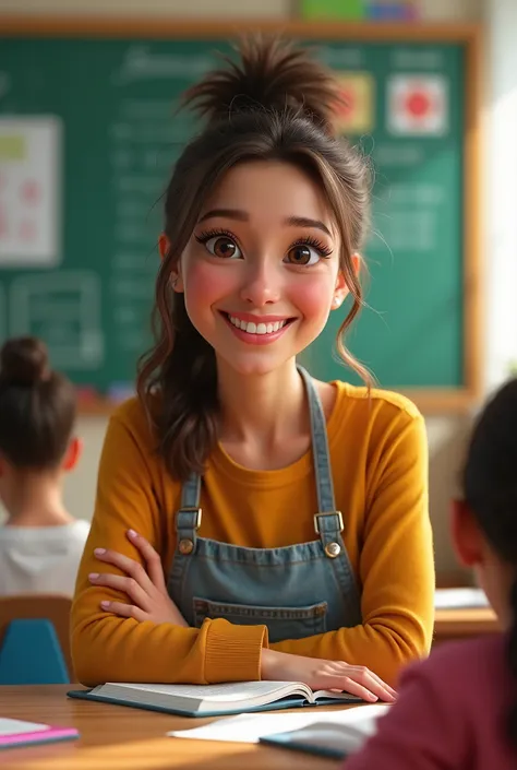 a happy, fun-loving 5th grade teacher, beautiful detailed eyes, beautiful detailed lips, extremely detailed eyes and face, long eyelashes, smiling, warm expression, colorful classroom, chalkboard, students, teaching, education, (best quality,4k,8k,highres,...