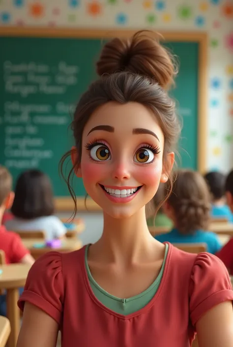 a happy, fun-loving 5th grade teacher, beautiful detailed eyes, beautiful detailed lips, extremely detailed eyes and face, long eyelashes, smiling, warm expression, colorful classroom, chalkboard, students, teaching, education, (best quality,4k,8k,highres,...