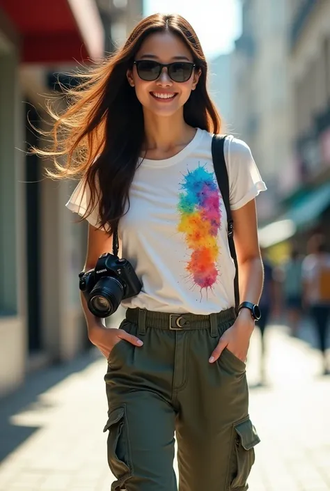 photorealistic cinematic,which is made in Korean style ,a beautiful Korean woman with smooth white skin and a perfectly maintained face, long brown hair flowing in the wind,black watch,sunglasses knee length cargo pants brown color lots of pockets, wearing...