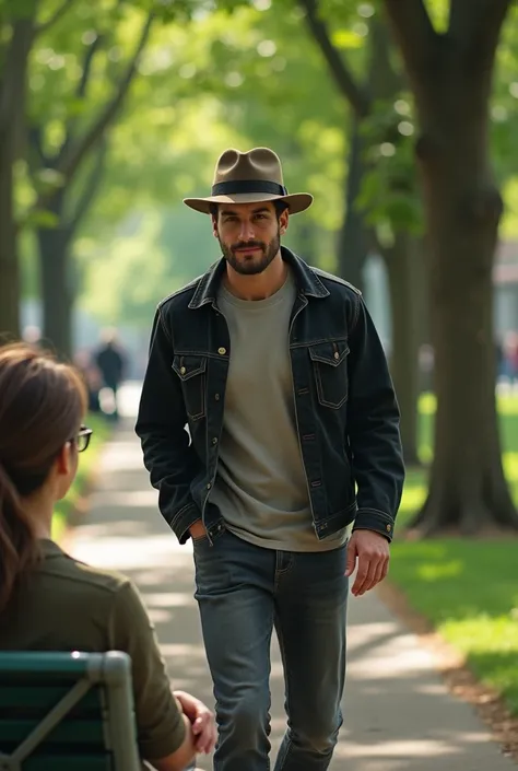 A man in a black jacket and a sack hat approaches a woman who is sitting on a bench in the park 