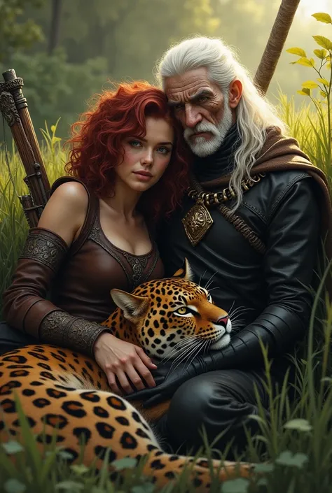 Beautiful young female ranger with shoulderlength unruly curly dark red hair, leather armour, with longbow and big dark golden jaguar cat, and middle-aged grim male necromancer of same height, stubble, scars on cheek, skinny, with long thin white hair, bla...