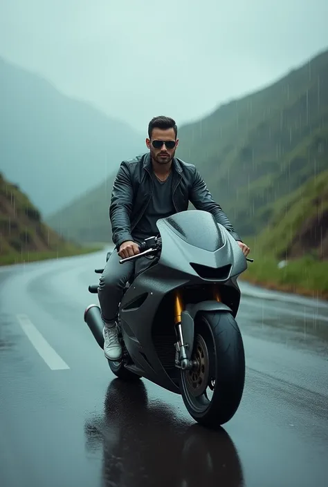 One man riding on bullet bike and wear jacket black and grey pant and white shoes and wear sunglasses and he will riding in slow rain on hill 