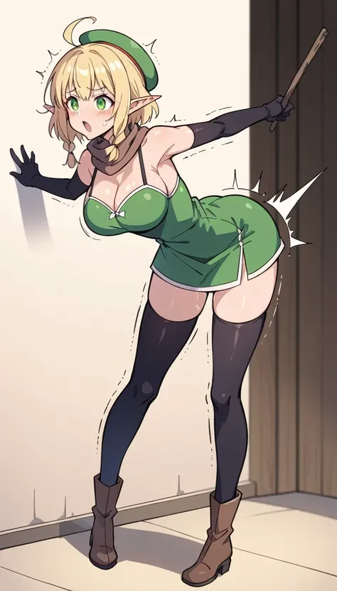 Parisian、Elf、1 female、Women only、Short Hair、twin braids、ahoge、blonde、(thin)、Big Breasts、Tall、Black elbow gloves、((black thigh highs))、Small black beret、Brown scarf、Green dress、Brown boots、thin太もも、NSFW,isekai、fantasy、bent over,bent back,outstretched arms,ti...