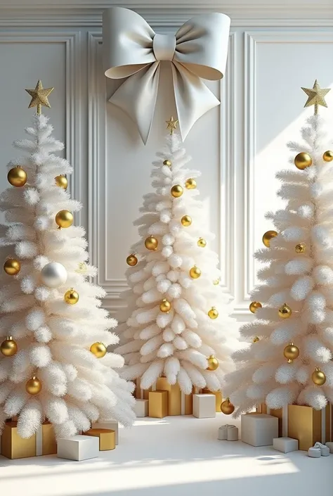 Luxurious Christmas decoration in a room with white furniture with luxury finishes and white decoration and three leafy white Christmas pines with snow and luxury gold decorations and a huge white bow on top 