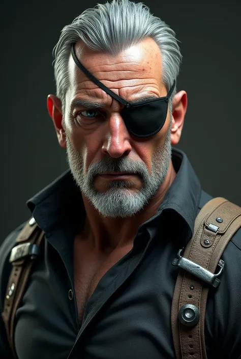 tall、Has muscles、Grey Hair, Parted in 7:3 and slicked back､40s〜Early 50s、Left hand is prosthetic、Eyepatch on left eye、Eye color is blue、male、Cool Old Man