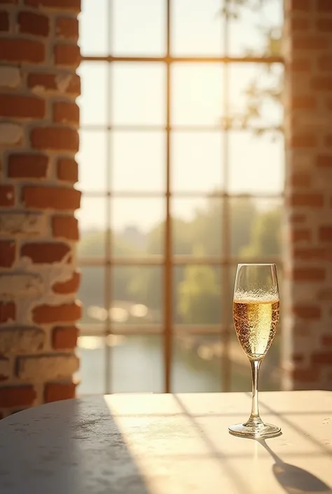 Glass of sparkling wine on the right of the page, white gold background. 
Add a rustic exposed brick wall, with big window and river through the window 