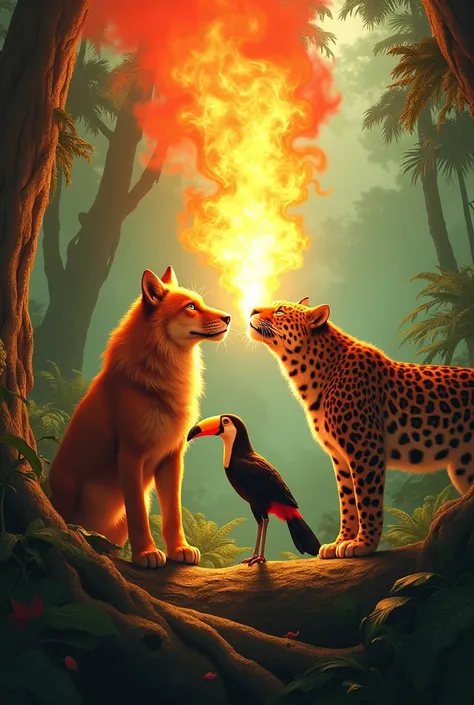 Maned Wolf, toucan and jaguar blowing fire in a rainforest in Chamad