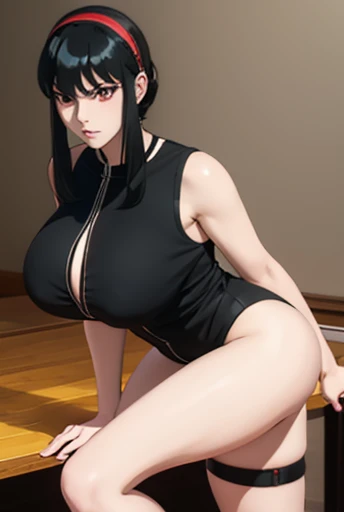 Yor Forger wears his signature black dress,  black hair hairband,  red eyes and big red eyes,  ,huge breasts,  big legs ,sexy poses in hd