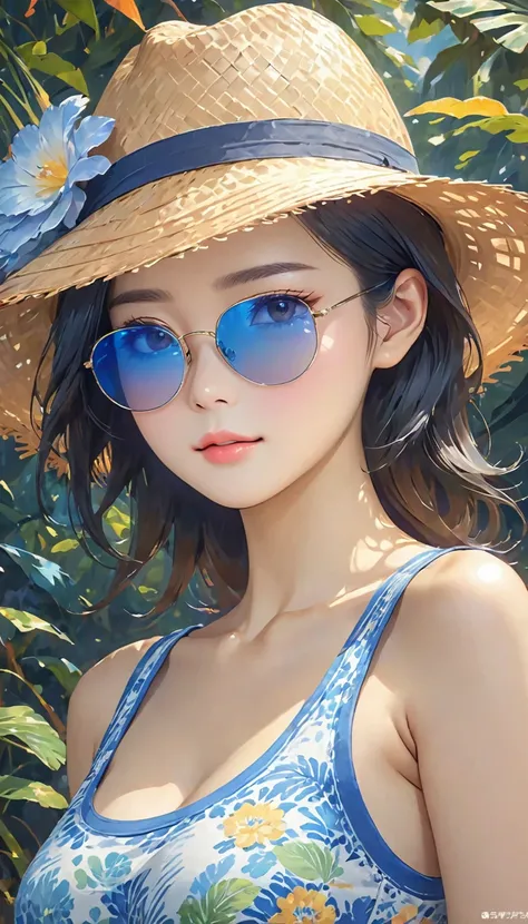 Masterpiece, best quality, highest detail, perfect composition, very good quality, HD wallpaper., Young woman wearing blue and dark blue sunglasses (Reflecting light) And wear a straw hat, wear a tank top, sexy., ภาพประกอบ ด้วยสุนทรียศาสตร์สีดำ สไตล์สุนทรี...