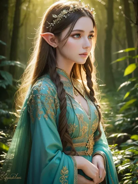 a gorgeous high elf girl,1girl,elegant facial features,beautiful detailed eyes,beautiful detailed lips,extremely detailed facial features,long eyelashes,ethereal,elegant dress,intricate design,glowing aura,magical forest background,warm lighting,detailed e...