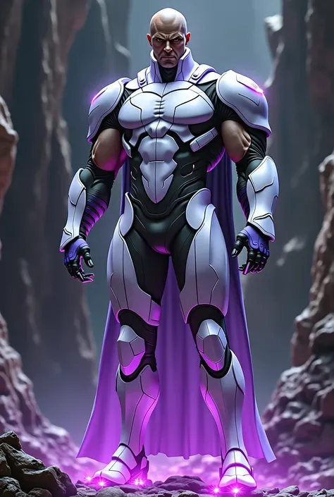 An imposing figure with a muscular body., Elegant suit with white and purple armor., stands with a powerful and confident posture. The background is abstract and dark., suggesting a dramatic, otherworldly environment. The figure appears to be levitating sl...