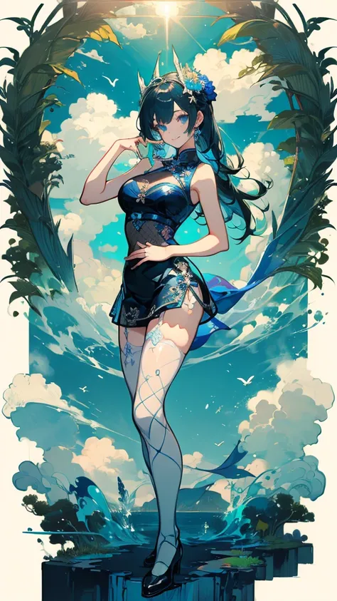 ((masterpiece， Best quality))，National trend，Chinese style girl，Blue and Green，fan，sunglasses，Auspicious Clouds，Pure white background，Standing，Detailed face，Smile，whole body，Perfect body proportions，Glowing eyes，sexy，extremely beautiful，transparent，Fishnet...