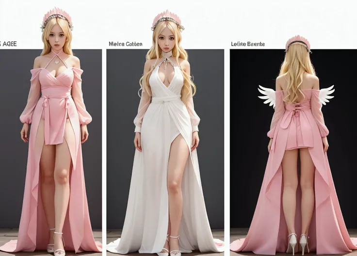 age 25-30, height 180, extremely beautiful appearance, blonde hair, long wavy long hair extending to the legs. Busty, wearing a white one-piece dress, with white feathers shaped like wings on her shoulders, tied with a pink ribbon at her waist. The bottom ...