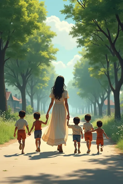 A woman in a long dress walking down the middle of the street with 4 boys leading their children, green trees on either side of them