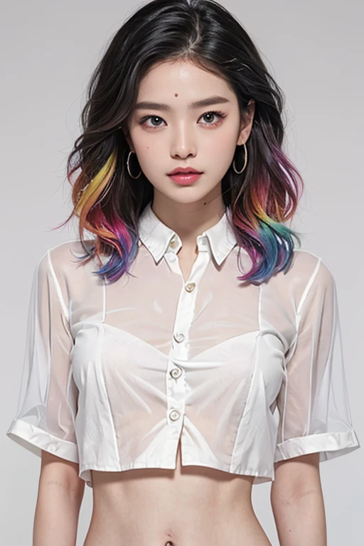 Top quality, RAW Photo, Highest Quality Image, 16K, Full body, Age 22, Realistic, Photorealistic,  Beautiful Asian woman, Sexy, body, White pale skin, ((( Multicolor Hair ))), ((( Short and wavy hairstyle ))), Modern hairstyles, Detailed face, Detailed bod...