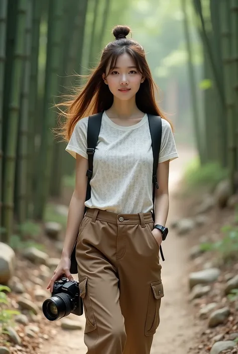 photorealistic cinematic,which is made in Korean style ,a beautiful Korean woman with smooth white skin and a perfectly maintained face, long brown hair flowing in the wind,black watch,sunglasses knee length cargo pants brown color lots of pockets, wearing...