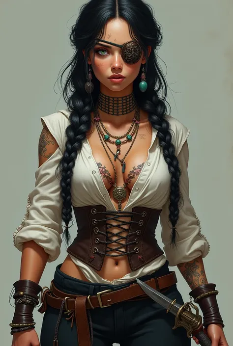 A fierce female pirate with black hair in two Viking-style braids adorned with beads, jewelry, and talismans. One almond-shaped green eye, the other covered by a brown leather eye patch engraved with an octopus. She has a slender nose, full lips, and a sun...