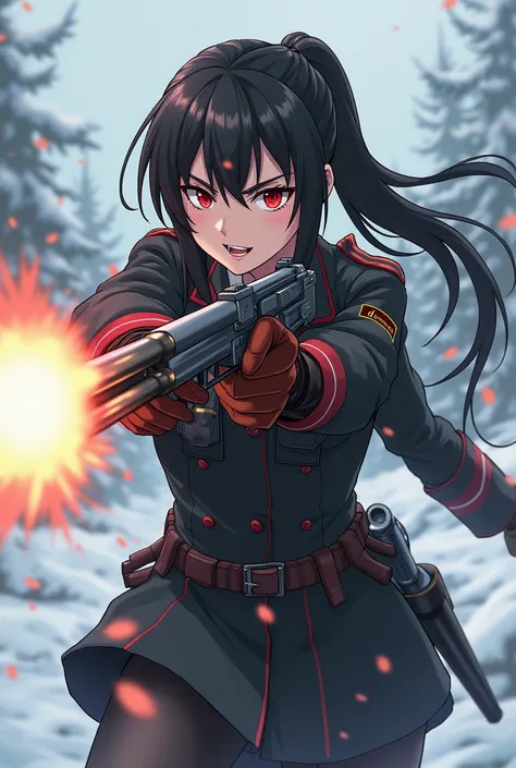 
Black, red and blood-stained, female, commander, from the side view, with clothing of the 2. World War, long Japanese ponytail, red eyes and a grim expression, with a gun, mit bayonet, that fires a shot at the enemy, where man sees the bullet flying out o...