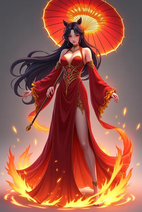 Make a cool Kagura mobile legends skin 
3D image (anime like 3D)
Make her stand up full body holding her umbrella  yellow shiny eyes, long very very very bright long black hair that is flaming and she is wearing flame necklace, bright flaming red gowny pri...