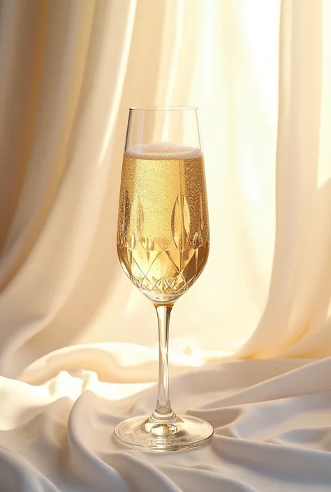 Crystal sparkling wine glass, very beautiful , no center from page, white gold page background. 