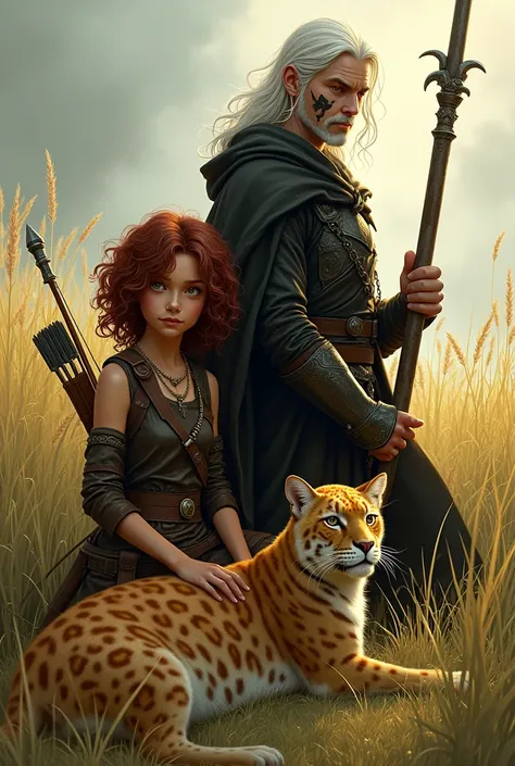 Beautiful young female ranger with shoulderlength unruly curly dark red hair, leather armour, with longbow and big dark golden jaguar cat, and grim male necromancer of same height, clean face, scars on cheek, skinny, with long thin white hair, black leathe...