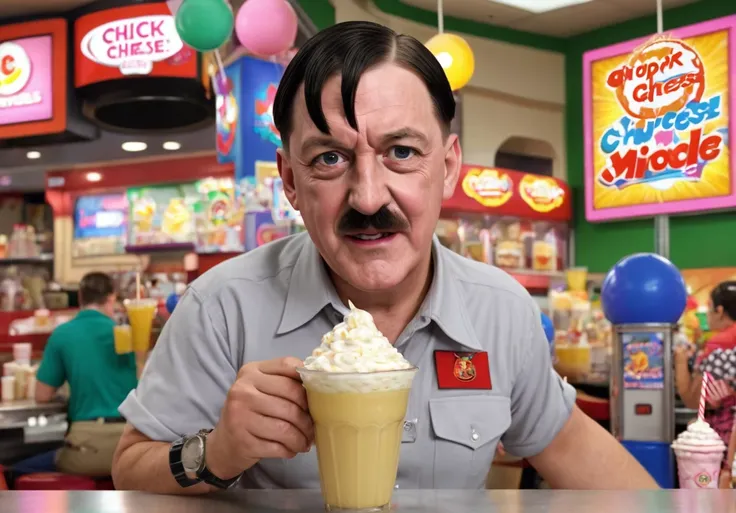 Adolf Hitler holding Maple Vanilla Milkshakes live on Chuck E Cheese