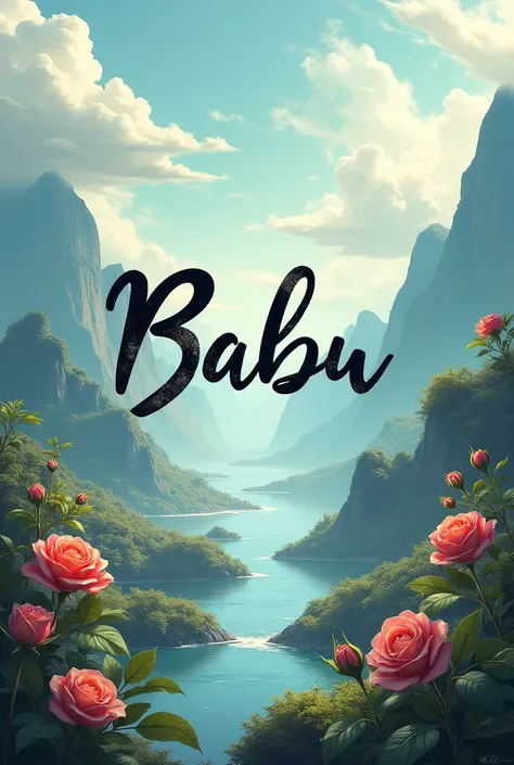 babu name latter written in the middle of mountains, sea, rose flowers and clouds