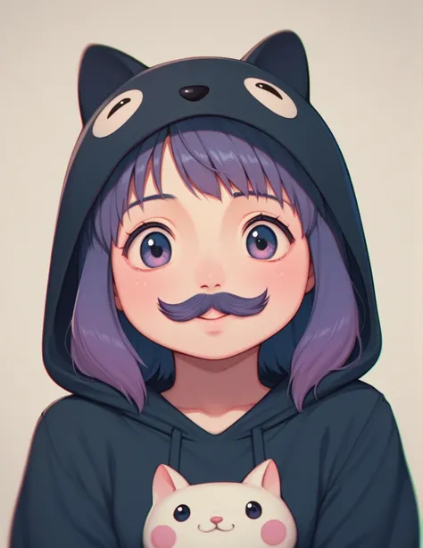 Adorable chibi girl with drawn mustache, wearing a black hoodie, tenderly hugging a small kitten. Cute anime style, big expressive eyes, rounded features. The girl has a sweet smile, rosy cheeks. The kitten is fluffy and tiny, with large innocent eyes. Sof...