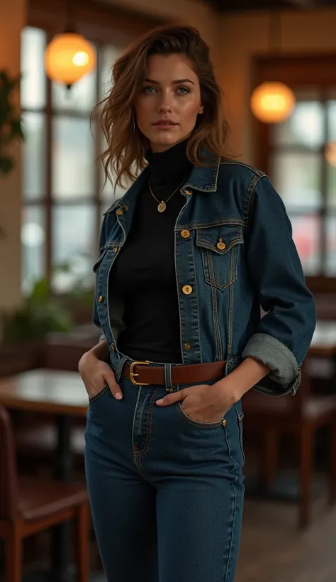  plain vintage aesthetics, plain vintage, 40-years-old woman, dark detailed high-waisted flared jeans, detailed tight denim jacket, belt, turtleneck, in cafe, artistic posing, vintage