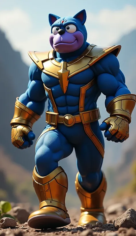 Thanos and the amazing thanos, 2 the amazing  , 8 k ultra realistic animal, doraemon, human dressed as a doraemon, that resembles a doraemon s, hyper doraemon, 8 k ultra realistic creature, super photo-realistic, dreamworks and marvel, super photo realisti...