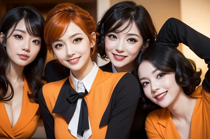 three sexy women in stewardess outfits, looking at camera, cute smiles, happy opened mouths, goth eye makeup, close up faces portrait, short curly orange hair, view from below