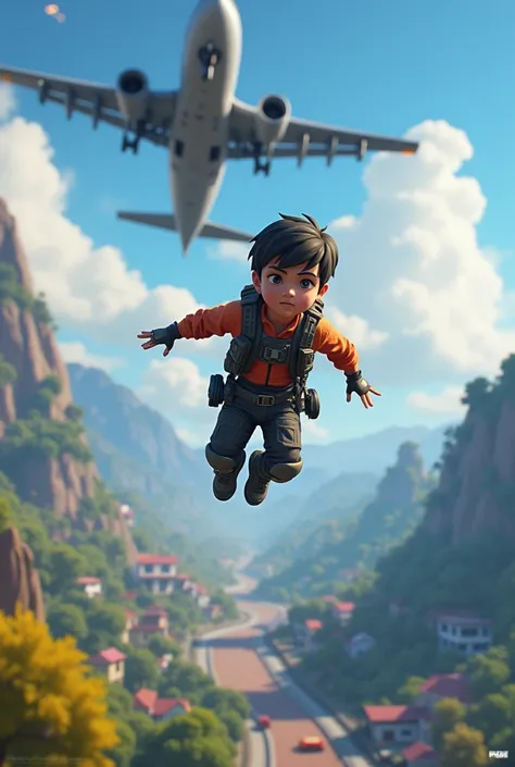 A boy is jumping from an airplane inside the Free Fire game.