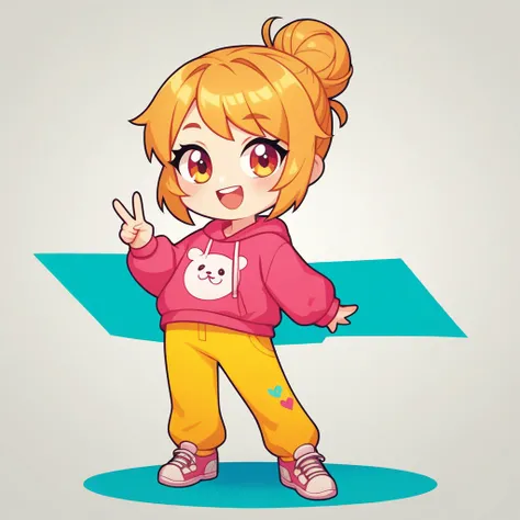 flat wind，vector，Childish art cartoon，Oil pastel graffiti，A cute Chinese chibi girl in green with yellow pants, in the style of cartoon, white background,cute and dreamy, Kawaii illustration, in the style of Korean hairstyle with a hair bun on her head, ha...