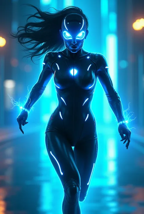 (Panorama) In a serious, 3D comic book style. Cały wygląd super bohaterki Elezia, her body is covered with subtle, blue glow, a jej oczy świecą intensywnym, electric light. he wears a tight one, black jumpsuit with neon blue accents, which highlights her s...