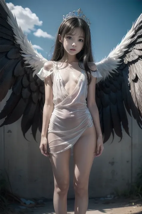 8K, Raw photo, Photorealistic, (Detailed skin, Best Quality:1.2), (Angel wings), ((armored dress)), (((Small chest:1.1))), (Silver long hair:1.3, short bangs), Teenage girl in the church, (Baby face:1.1, Neat face, Fairer skin), thighs, A translucent white...