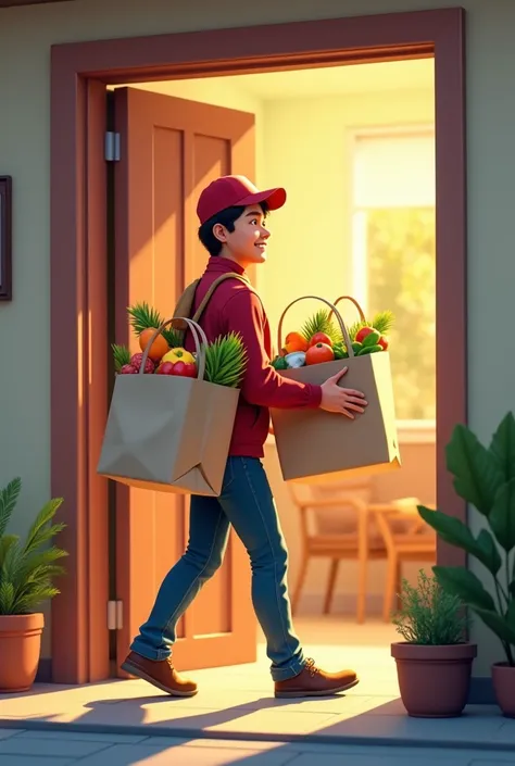 Livraison de Courses : Une image montrant un livreur souriant portant des sacs de courses devant la porte d’un domicile, avec des produits alimentaires visibles comme des fruits, légumes et pain frais. Façon animé et de taille 354x227px