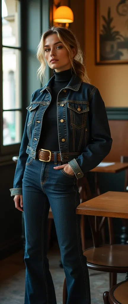  plain vintage aesthetics, plain vintage, 40-years-old woman, dark detailed high-waisted flared jeans, detailed tight denim jacket, belt, turtleneck, in cafe, artistic posing, heels, vintage