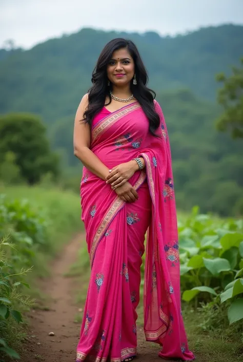 Kerala female young curvy shaped aged 28 outdoor photo in wayanad kerala wearing printed sleeveless pink sarees.Realistic photo.front photo.