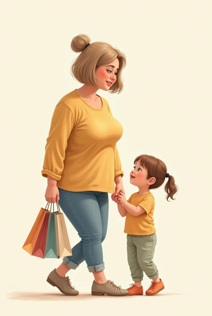 I want a plus-size woman in a light-colored drawing with bobbed hair holding a hand for a child with pigtails, with shopping bags