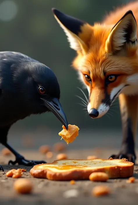 A close-up of the bread falling from the crows beak, with the fox’s eager eyes watching it drop.